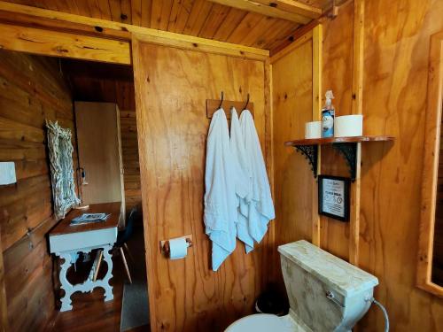 a wooden bathroom with a toilet and a sink at Tegwaan's Nest B&B in Mooiriver