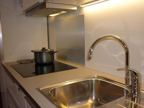 a kitchen with a sink and a pot on the counter at Les Myosotis in Les Deux Alpes