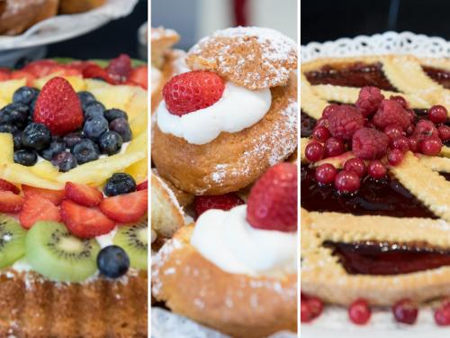 three different pictures of different types of fruit cakes at Idea Hotel Torino Mirafiori in Turin