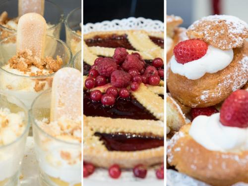 three pictures of cakes and fruit on a table at Idea Hotel Torino Mirafiori in Turin