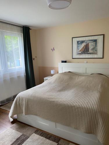 a bedroom with a large bed and a window at Fehnland in Großefehn 