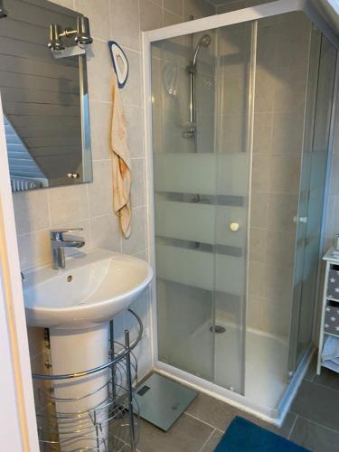 a bathroom with a sink and a shower at Le relais Poyo in Arquian