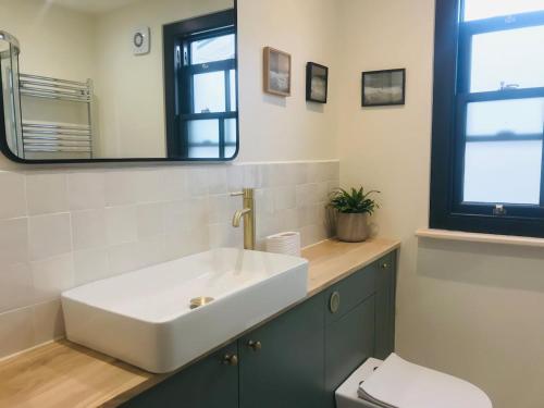 a bathroom with a white sink and a toilet at Manderley Cottage, Mousehole in Mousehole