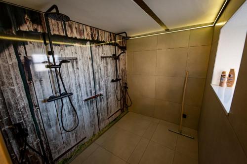 a bathroom with a shower with a wooden door at Wyzenborne in Sontra