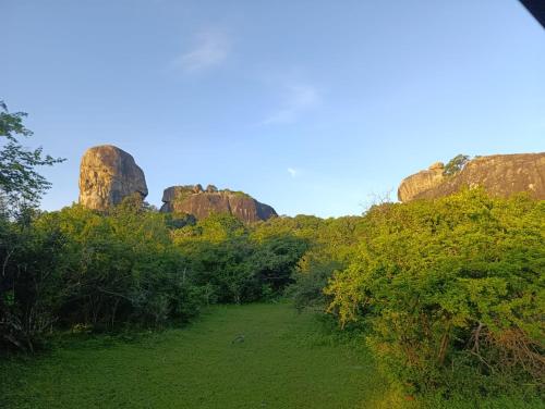 a path through a field with rocks in the background at lake paradise cabana in Tissamaharama