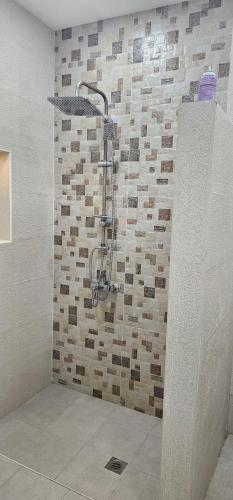 a shower in a bathroom with a tiled wall at Al Barari Farm & Resorts Al Ain in ‘Ayn al Fayḑah