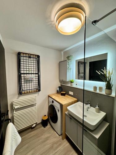a bathroom with a sink and a washing machine at Ankommen & wohlfühlen - Ihr stilvolles Zuhause in Dresden