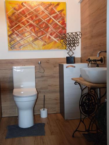a bathroom with a white toilet and a sink at Auszeit by kirschner in Mönchhof