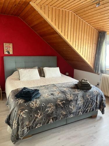a bed in a bedroom with a red wall at Haus am Waldrand in Todtmoos