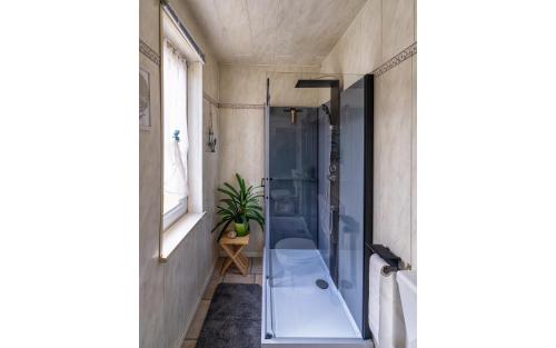 a bathroom with a shower and a bath tub at Gästehaus Barthel in Gosen