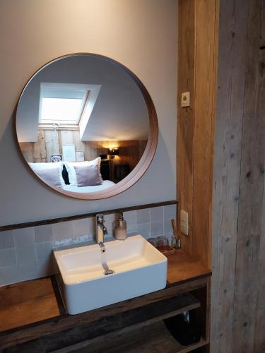 a bathroom with a white sink and a mirror at B&B En face du Marronnier in Cornimont