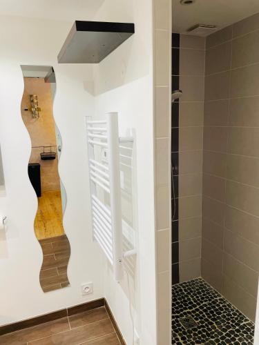 a bathroom with a shower with a window at Dépendance chez l'habitant in Morlaix