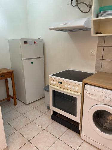 a kitchen with a stove and a refrigerator at Nafsikas apartment 2 in Kanoni