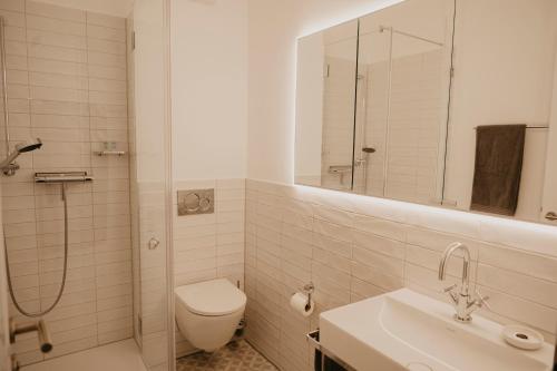 a bathroom with a toilet and a shower and a sink at Freytag im Uni-Viertel in Duisburg