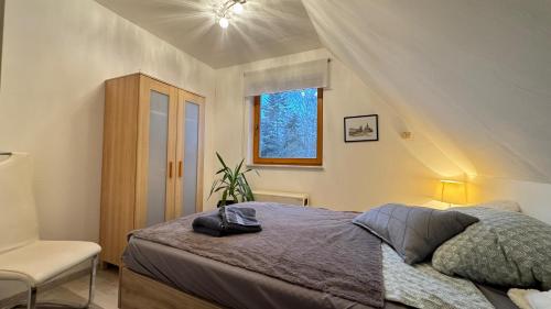 a bedroom with a bed and a chair and a window at Ferienhaus RENA mit Pool in Bischdorf
