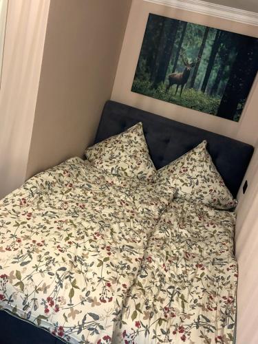 a bed with a bedspread with a deer on it at Modernes Studio in Irrel in Irrel