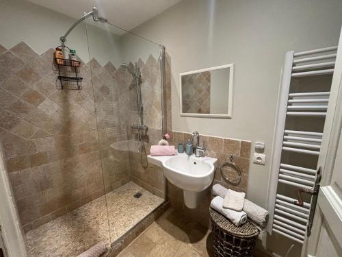 a bathroom with a shower and a sink and a toilet at Escapade entre Mer et Montagnes in Saint-Martin-du-Var