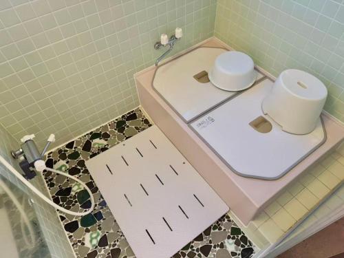 a bathroom with a white toilet in a tiled room at 和野 湯沢 in Yuzawa