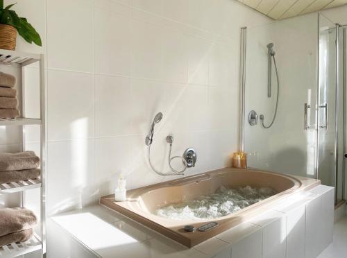 a bath tub in a bathroom with a shower at green rooms in Schweinfurt