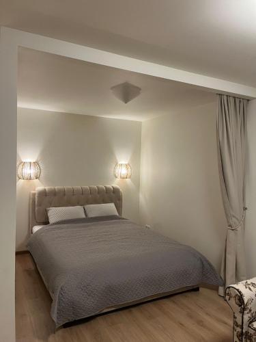 a bedroom with a bed with two lights on it at Lapu ielas apartment in Ogre