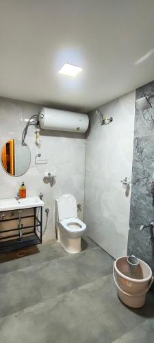 a bathroom with a toilet and a sink at Flying Fox in Bangalore