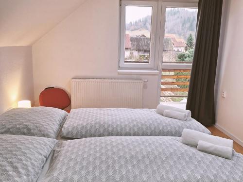 two beds in a room with a window at Vila Hafira in Zuberec