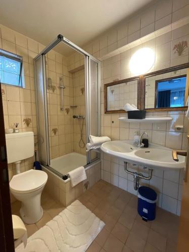 a bathroom with a toilet a sink and a shower at Hotel Restaurant Toscana in Bad Orb