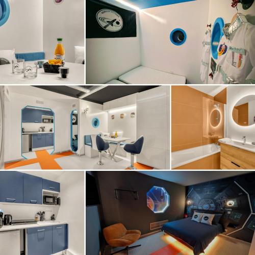 a collage of photos of a kitchen and a living room at La navette spatiale - Aventure - Espace - Clim - Parking in Toulouse