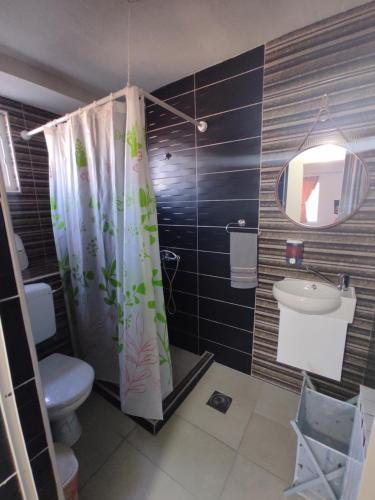 a bathroom with a toilet and a shower curtain at Villa DIJA in Kruševo