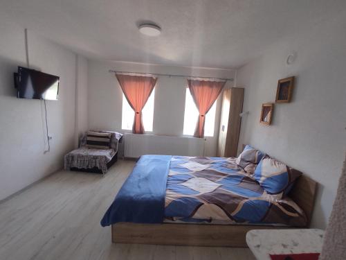 a bedroom with a bed and two windows at Villa DIJA in Kruševo