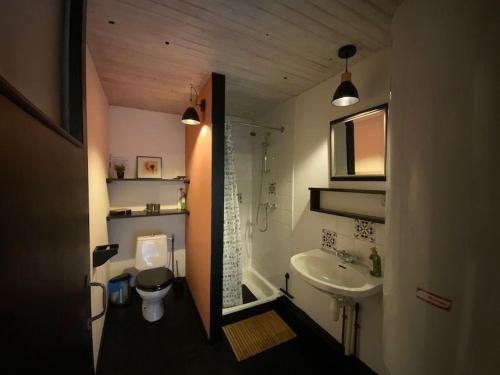 a small bathroom with a toilet and a sink at Domaine Voilà in Génis