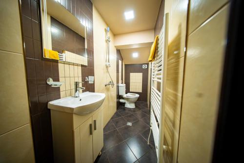 a small bathroom with a sink and a toilet at Къща за гости Милена in Apriltsi