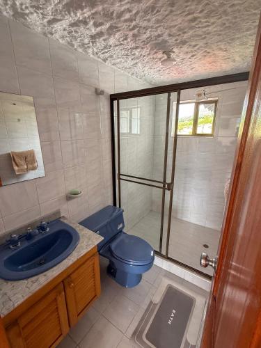 a bathroom with a blue toilet and a shower at Finca Lituania, El Sisga in Chocontá