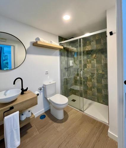 a bathroom with a toilet and a glass shower at Luxury Singular Apartments Padrón in Padrón