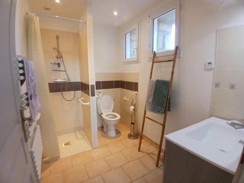 a bathroom with a toilet and a shower and a sink at Chez Lulu Grand Studio Cote Jardin avec Veranda in Saint-Sernin