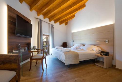 a bedroom with a bed and a flat screen tv at TI Central Maria in Maria de la Salut