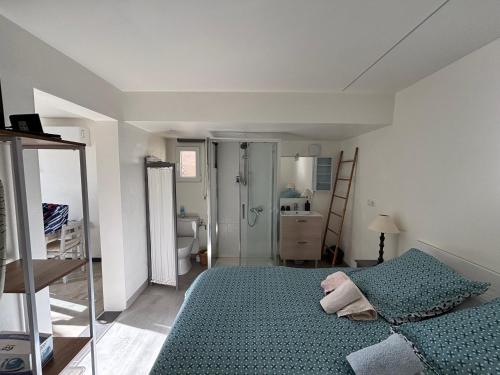 a bedroom with a green bed and a bathroom at "Chambre" Chez Zabou in Carpentras