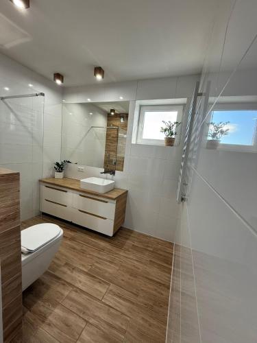 a bathroom with a toilet and a sink and a shower at AgA in Pobierowo