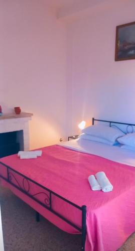 Ein Schlafzimmer mit einem großen Bett mit rosa Bettwäsche und einem Kamin in der Unterkunft Rifugio del benessere in Monte Compatri
