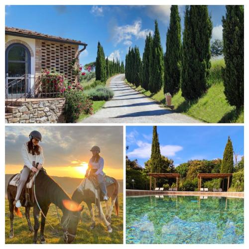 a woman riding a horse next to a pool at Agriturismo e Maneggio Poggio Leone in Gambassi Terme