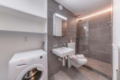 a bathroom with a washing machine and a sink at Appartementhaus-Quadern in Valens