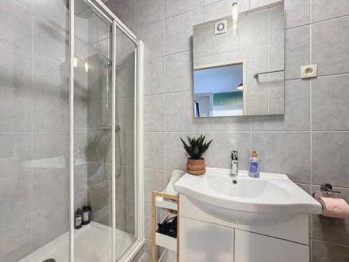 a white bathroom with a sink and a shower at Cosy & Charmant - centre et tranquillité in Erstein
