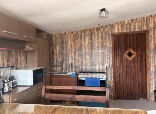 a kitchen with a stove and a microwave at La isla encantada in Aculco de Espinoza