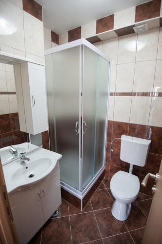 a bathroom with a shower and a toilet and a sink at Apartmani Ivo 2 in Podstrana