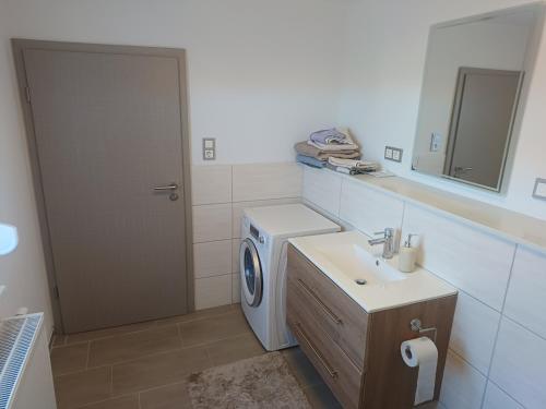 a bathroom with a washing machine and a sink at Ferienhaus Rosi in Blankenburg