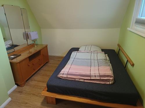 a bedroom with a bed and a dresser and a mirror at Ferienhaus Rosi in Blankenburg