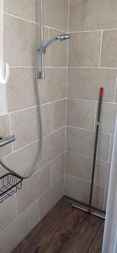 a shower with a shower head in a bathroom at Gite de l'artiste in Fay-les-Étangs