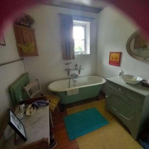 a bathroom with a green tub and a sink at La Merlerie in Malicorne