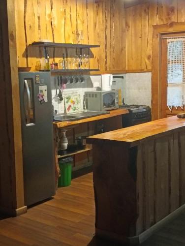 a kitchen with a stainless steel refrigerator and wooden cabinets at Cabañas Río Iculpe in Lago Ranco