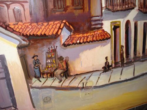 a painting of two people sitting outside of a building at Isabela Hotel Suite in La Paz